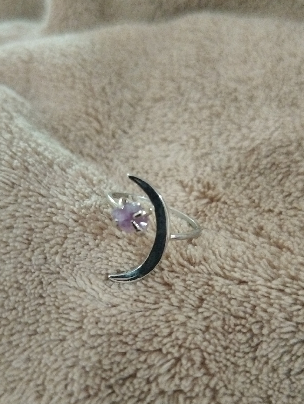 Sterling Silver Crescent Moon Ring with Purple Stone Size 7